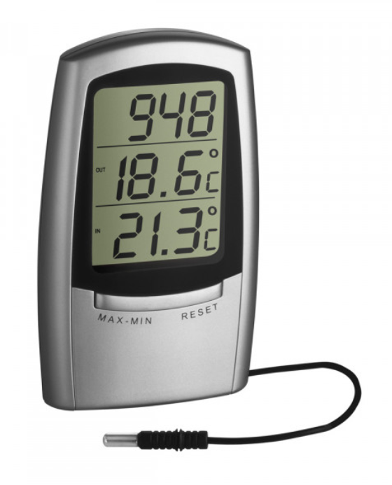 Lämpömittari, sisä- ja ulkolämpötila sekä kellonaika